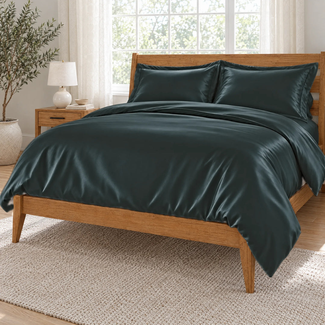 Slate bamboo viscose Signature duvet cover seen from the foot of the bed, silky sateen drape with matching shams