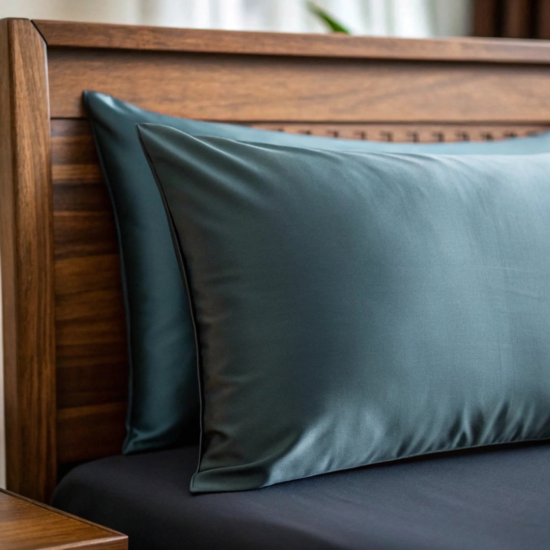 Slate blue bamboo sateen fabric close-up — the cooling weave used in the Toddler Pillowcase