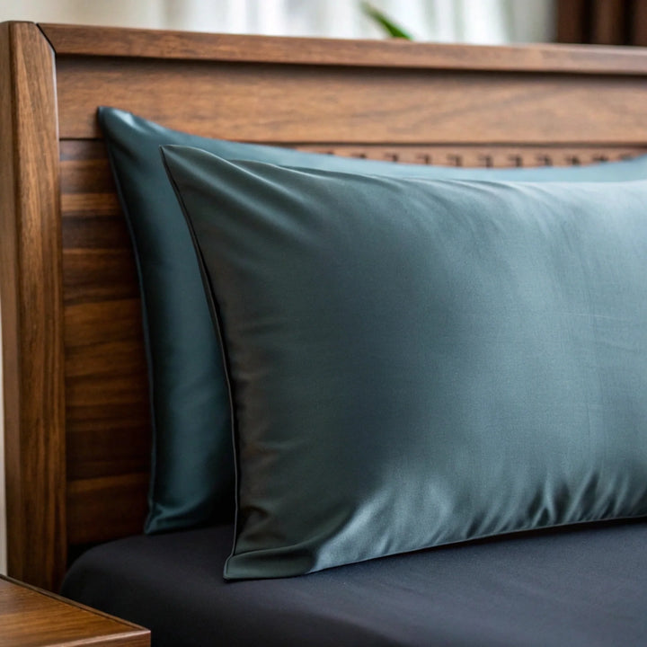 Slate blue bamboo sateen fabric close-up — the cooling weave used in the Toddler Pillowcase