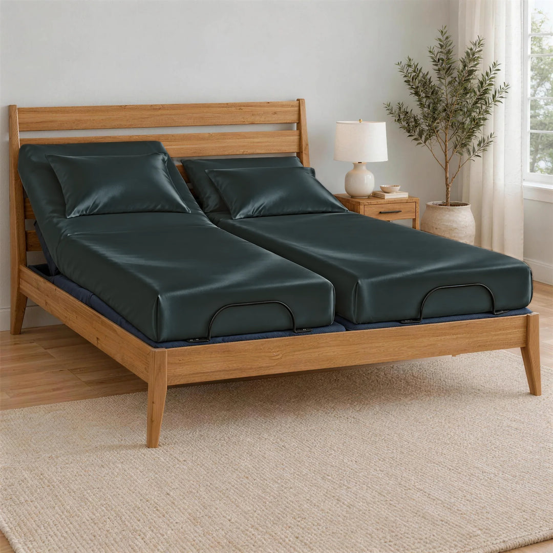 Slate bamboo viscose Split King sheets on two separate twin XL mattresses, BT3000 Split King adjustable base in a Greenington Sienna bamboo frame