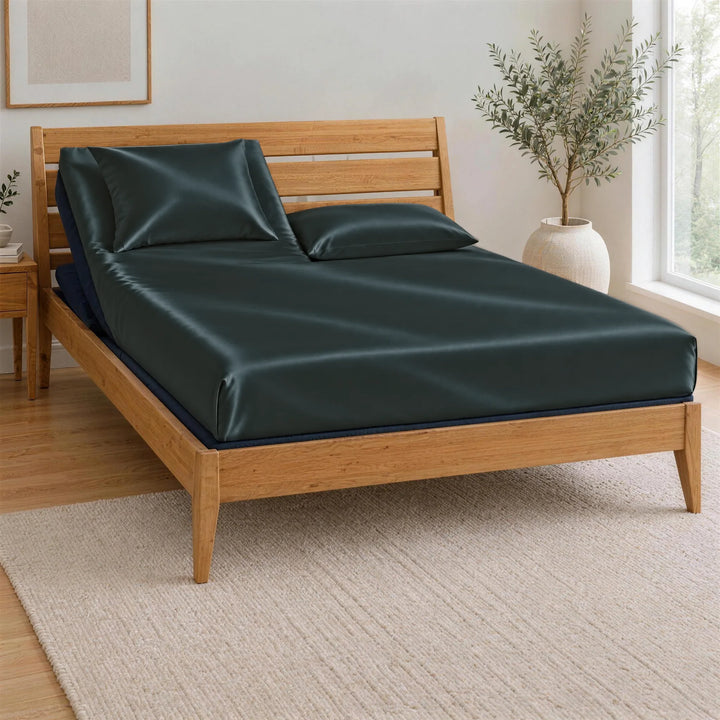 Slate bamboo viscose Top Split King fitted sheet on one king mattress split at the head, BT3000 Split Top King base in a Greenington Sienna bamboo frame