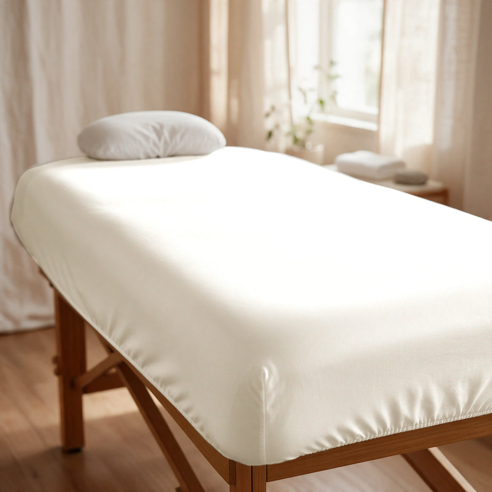 Ivory cooling bamboo spa fitted sheet stretched snugly over a professional treatment table, elasticized corners, in a sunlit spa room, Signature Collection
