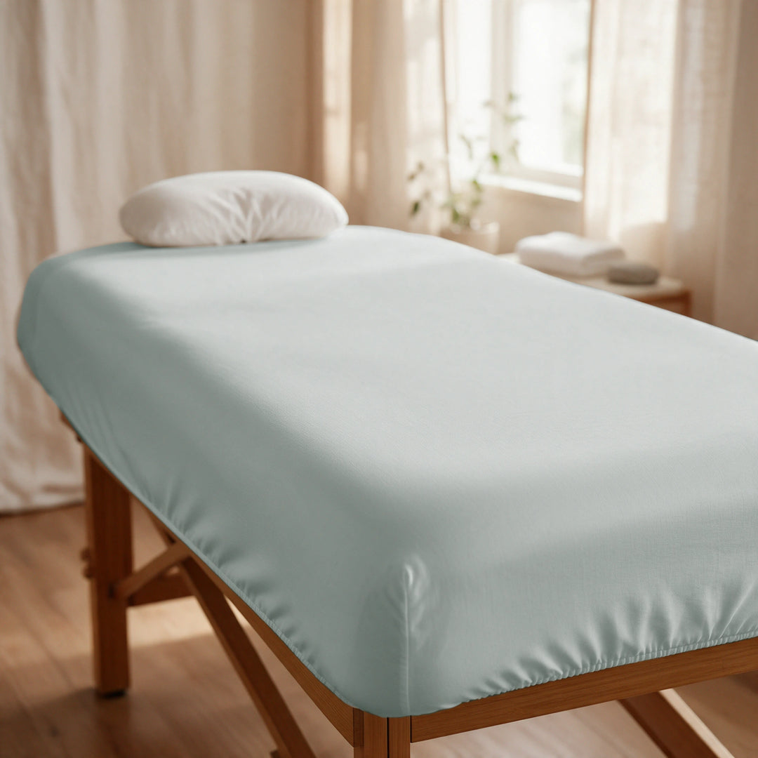 Silver cooling bamboo spa fitted sheet stretched snugly over a professional treatment table, elasticized corners, in a sunlit spa room, Signature Collection