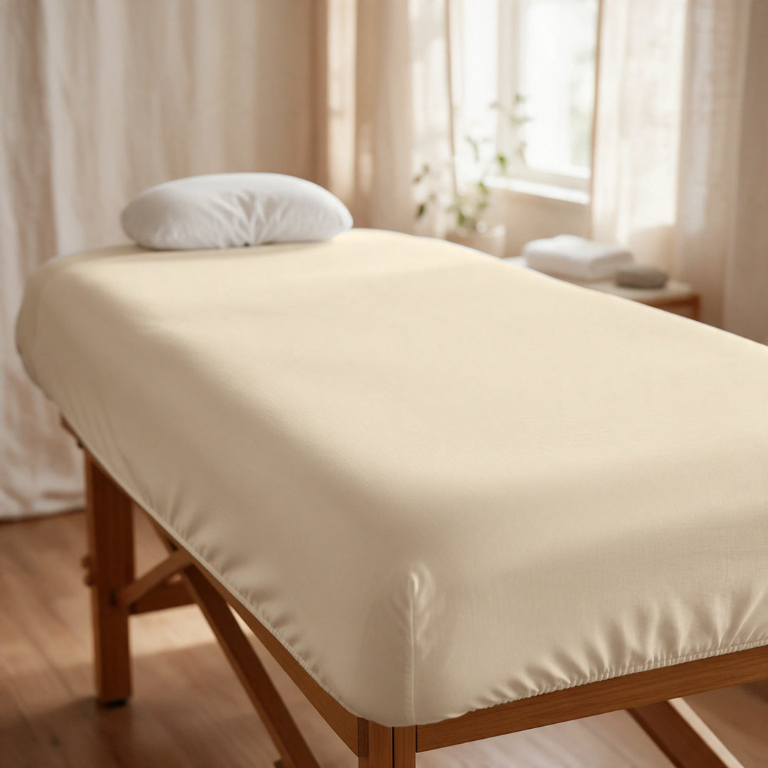 Taupe cooling bamboo spa fitted sheet stretched snugly over a professional treatment table, elasticized corners, in a sunlit spa room, Signature Collection