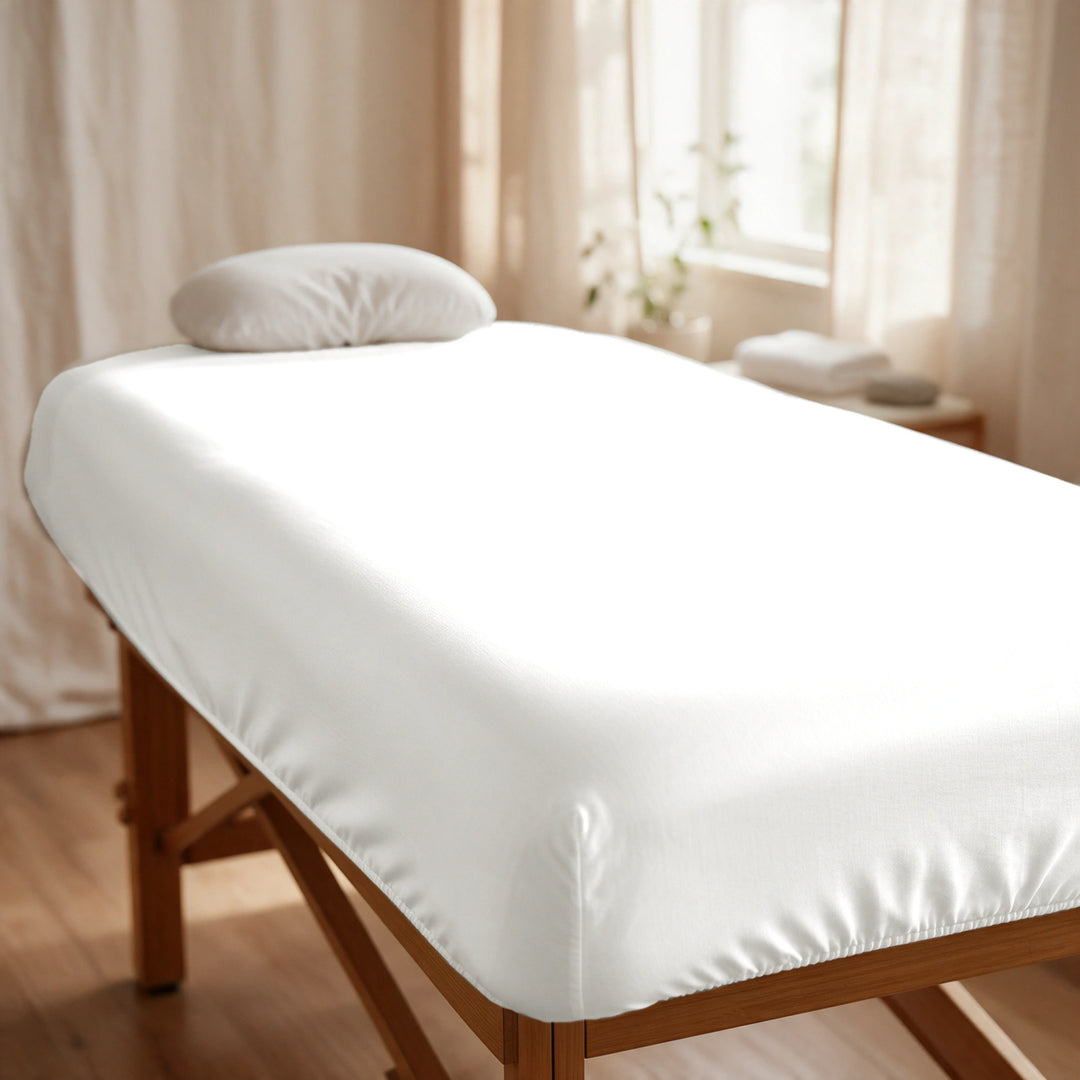 White cooling bamboo spa fitted sheet stretched snugly over a professional treatment table, elasticized corners, in a sunlit spa room, Signature Collection