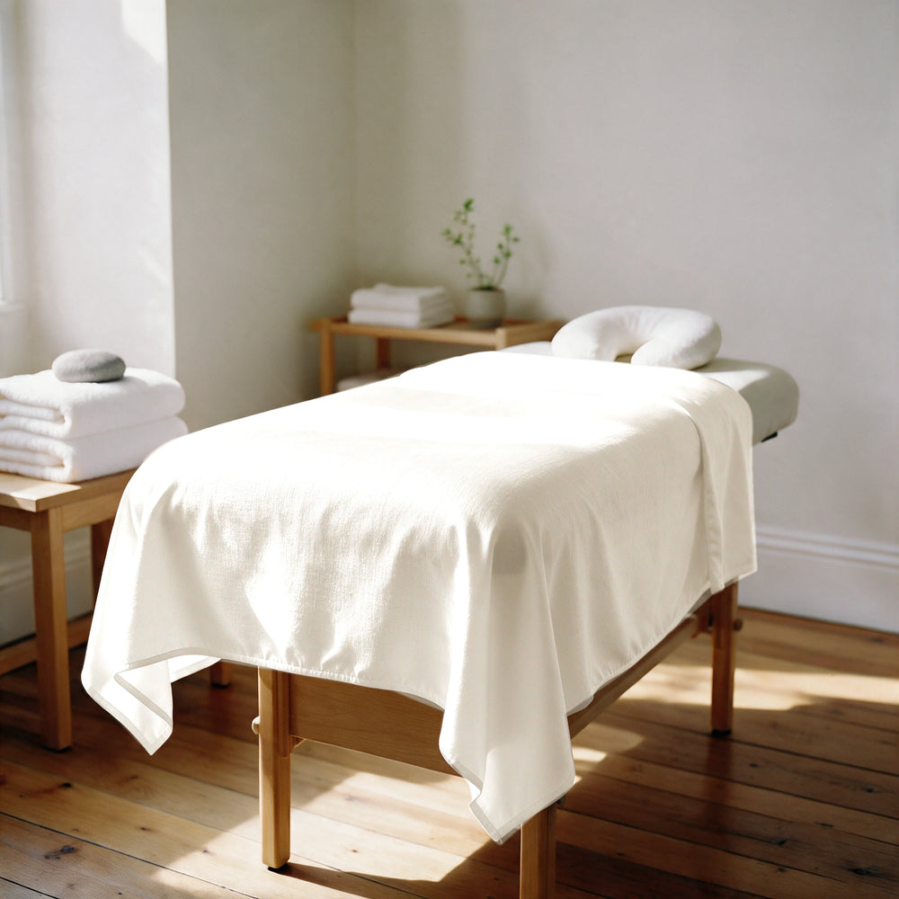 Ivory cooling bamboo spa flat sheet draped over a professional treatment table in a sunlit spa room, Signature Collection