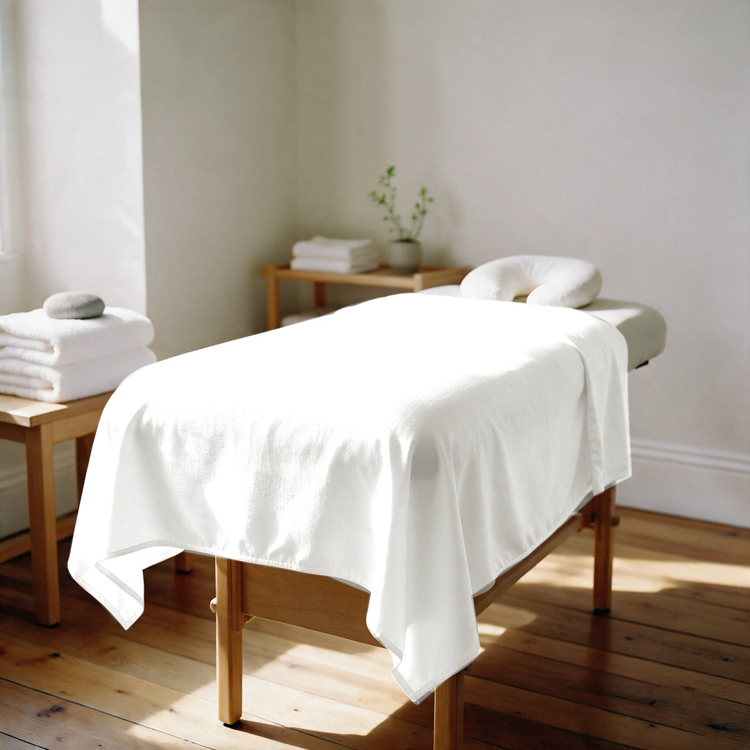 White cooling bamboo spa flat sheet draped over a professional treatment table in a sunlit spa room, Signature Collection