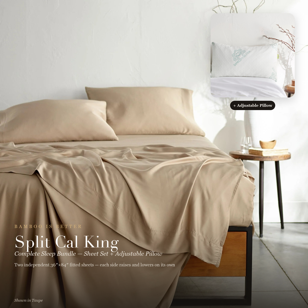 Split Cal King Complete Sleep Bundle — cooling bamboo sheet set (shown in Taupe) with the Adjustable Bamboo Cooling Pillow, two independent 36x84 inch fitted sheets for adjustable bases