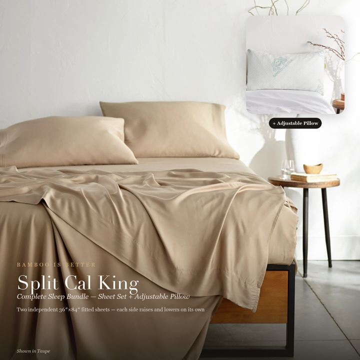 Split Cal King Complete Sleep Bundle — cooling bamboo sheet set (shown in Taupe) with the Adjustable Bamboo Cooling Pillow, two independent 36x84 inch fitted sheets for adjustable bases
