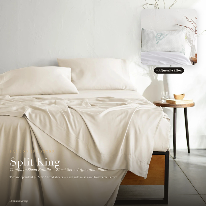 Split King Complete Sleep Bundle — cooling bamboo sheet set (shown in Ivory) with the Adjustable Bamboo Cooling Pillow, two independent 38x80 inch fitted sheets for adjustable bases