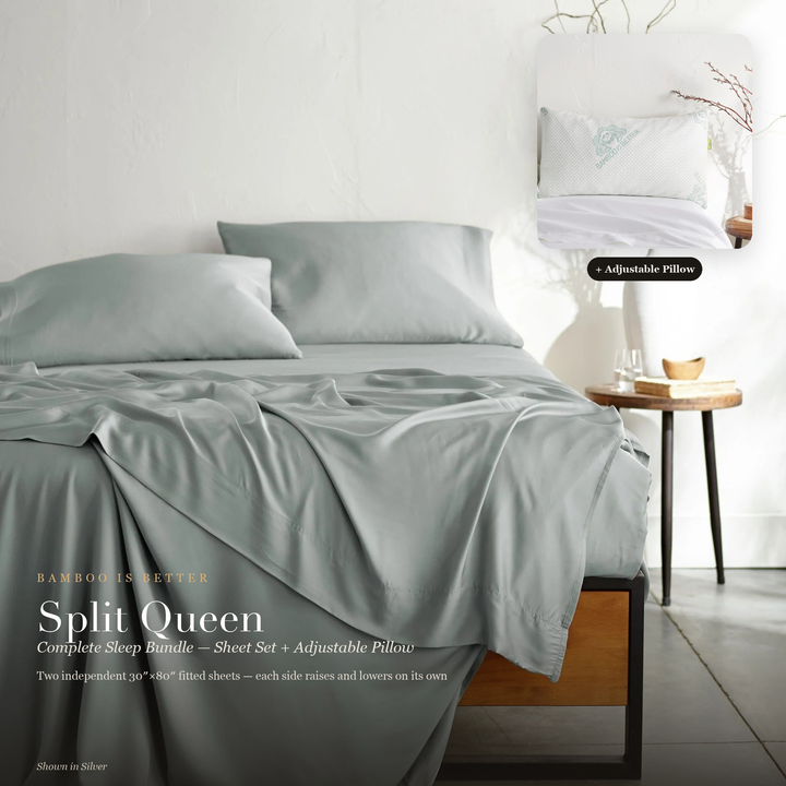 Split Queen Complete Sleep Bundle — cooling bamboo sheet set (shown in Silver) with the Adjustable Bamboo Cooling Pillow, two independent 30x80 inch fitted sheets for adjustable bases