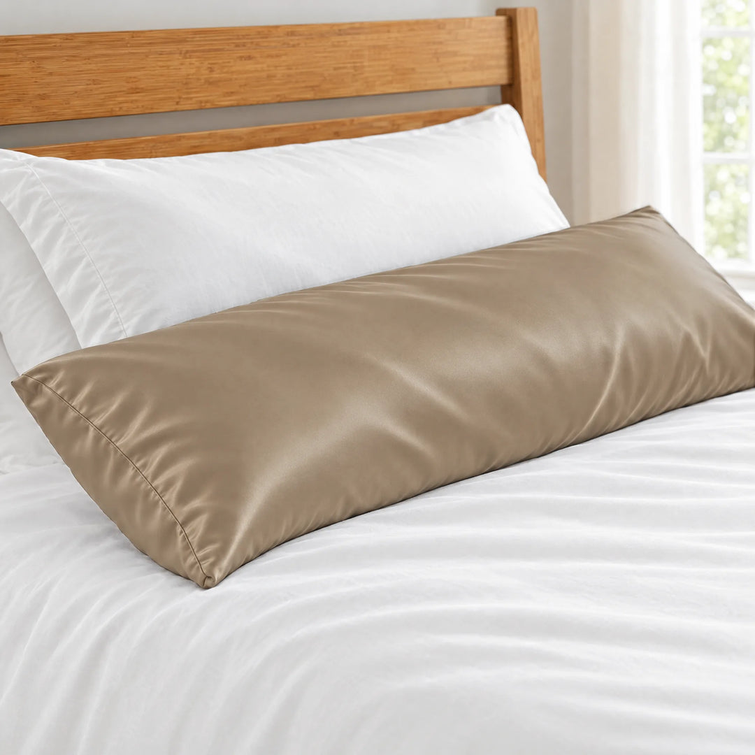 Taupe bamboo viscose sateen body pillowcase close-up on a body pillow beside a white sleeping pillow, silky sateen finish
