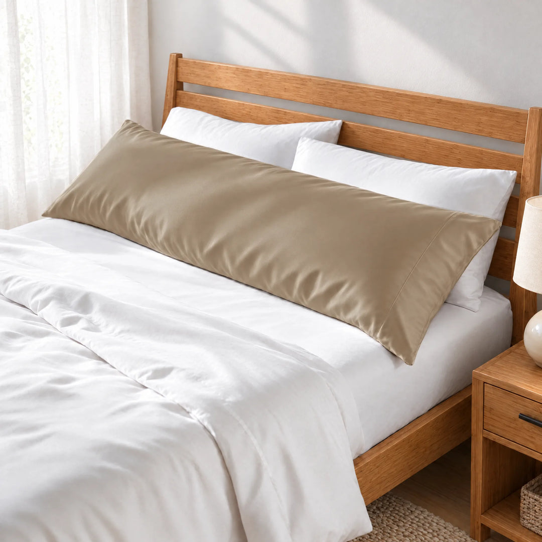 Taupe bamboo viscose sateen body pillowcase along the headboard of a made bed, three-quarter view from the foot of the bed