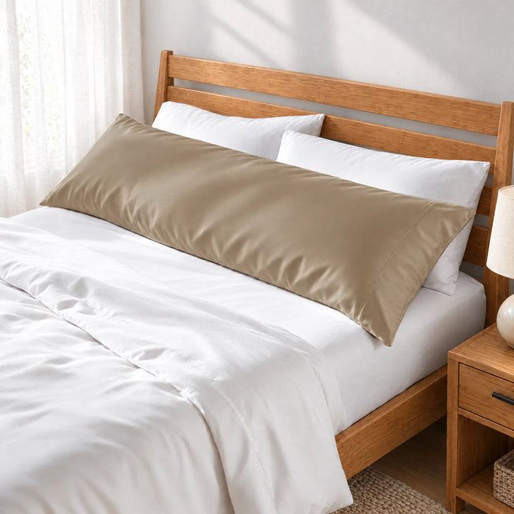 Taupe bamboo viscose sateen body pillowcase along the headboard of a made bed, three-quarter view from the foot of the bed