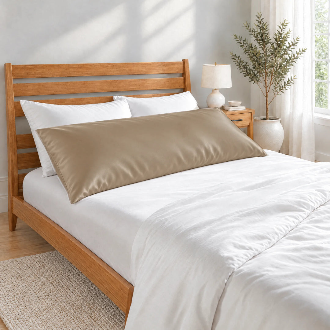 Taupe bamboo viscose sateen body pillowcase lying in front of white pillows on a made bed with a honey bamboo headboard in a bright bedroom