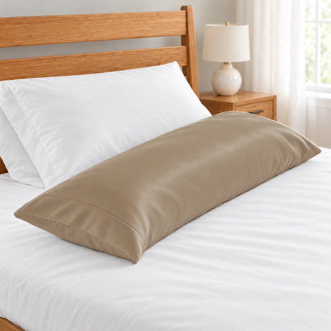 Taupe bamboo viscose sateen body pillowcase close-up of the stitched hem beside a white pillow on a made bed, honey bamboo headboard and lamp in soft focus