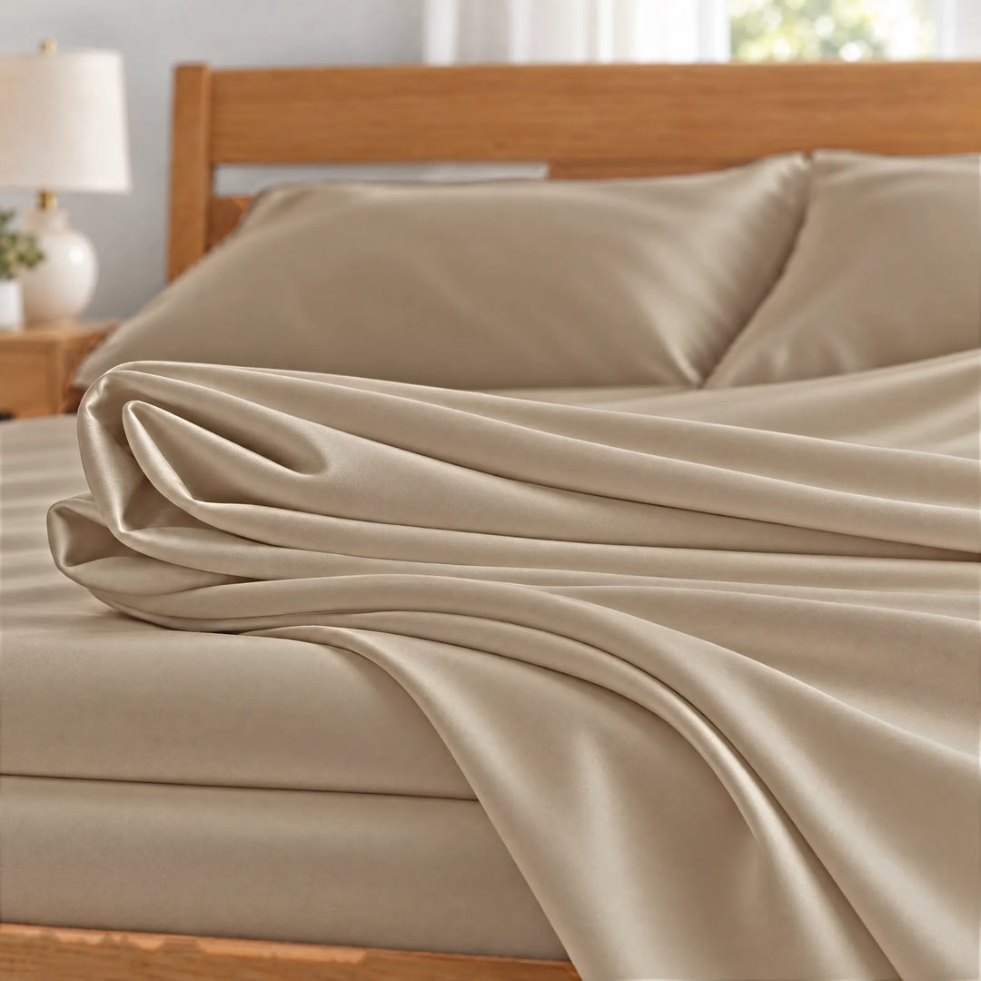 Taupe bamboo viscose sateen fabric close-up of folded sheets and a body pillowcase, silky sateen finish