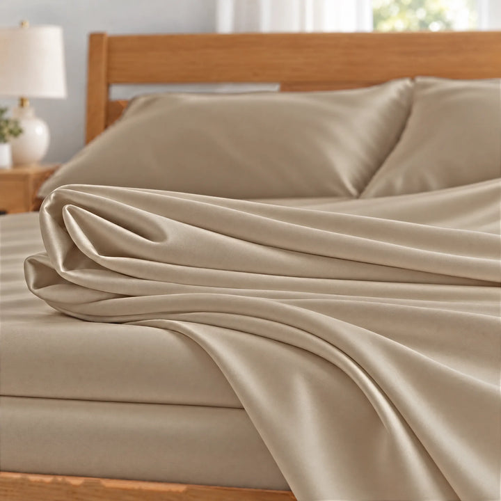 Taupe bamboo viscose sateen fabric close-up of folded sheets and a body pillowcase, silky sateen finish