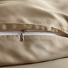 close-up of taupe bamboo pillowcase with hidden white zipper and smooth sateen finish