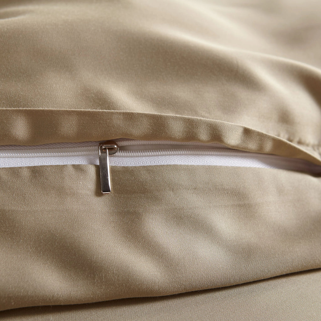 close-up of taupe bamboo pillowcase with hidden white zipper and smooth sateen finish