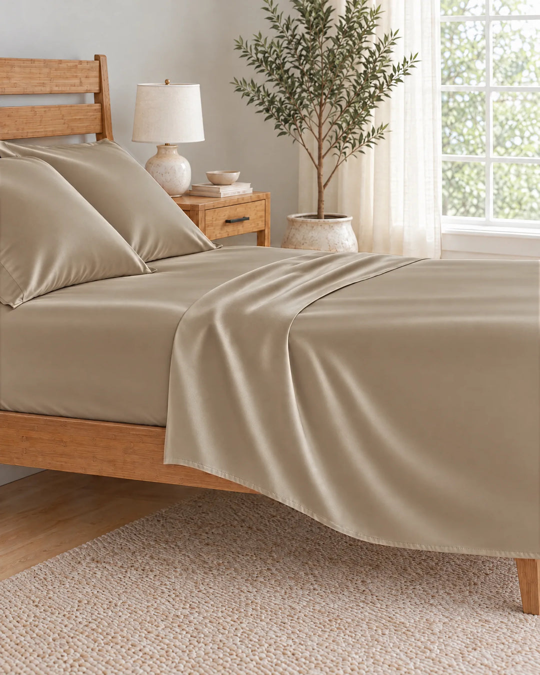 Taupe bamboo viscose flat sheet pulled back in a soft morning drape over the mattress