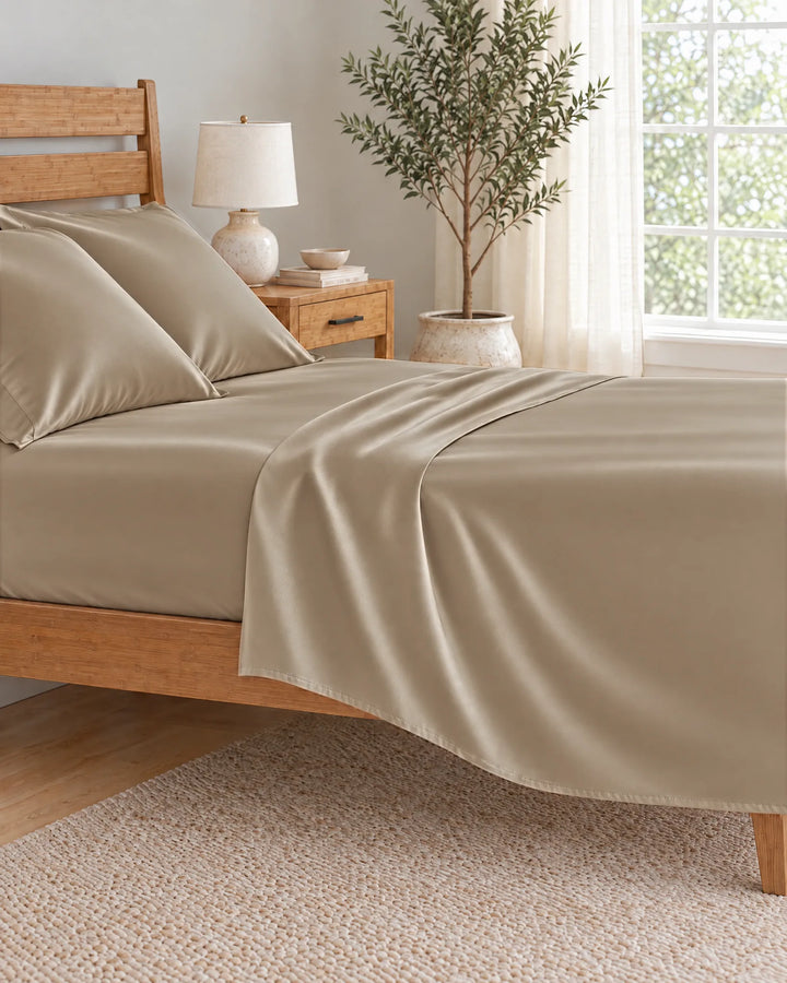 Taupe bamboo viscose flat sheet pulled back in a soft morning drape over the mattress