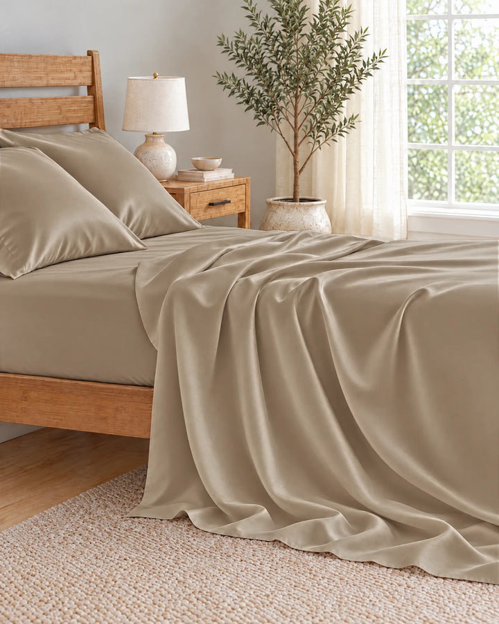 Taupe bamboo viscose flat sheet cascading in deep soft folds down the side of the mattress