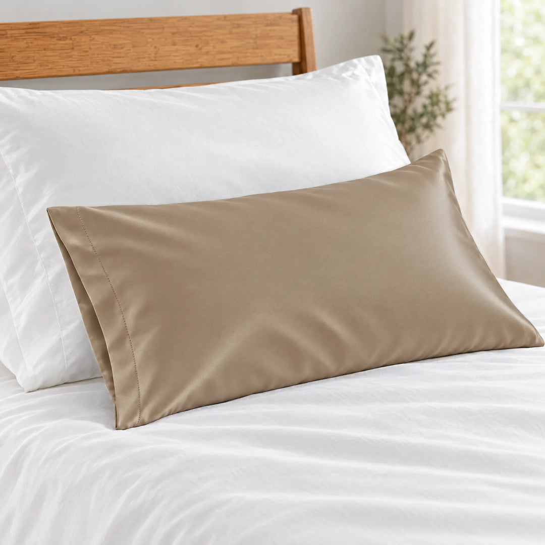 Taupe bamboo viscose sateen lumbar pillowcase close-up on white bedding showing the silky sateen finish and stitched hem