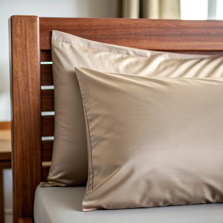 Taupe bamboo sateen fabric close-up — the cooling weave used in the Toddler Pillowcase
