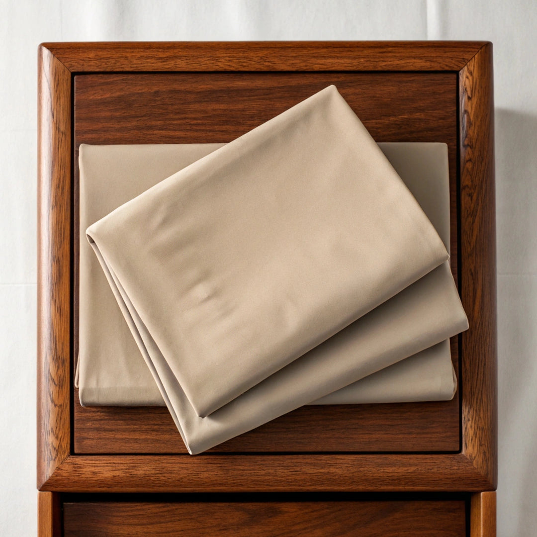 Overhead shot of a neatly folded taupe bamboo pillowcase resting on a matching folded sheet or walnut nightstand. The crisp edges and visible twill weave texture are softly highlighted by natural shadows, emphasizing the careful design and elegant presentation of the bedding set.