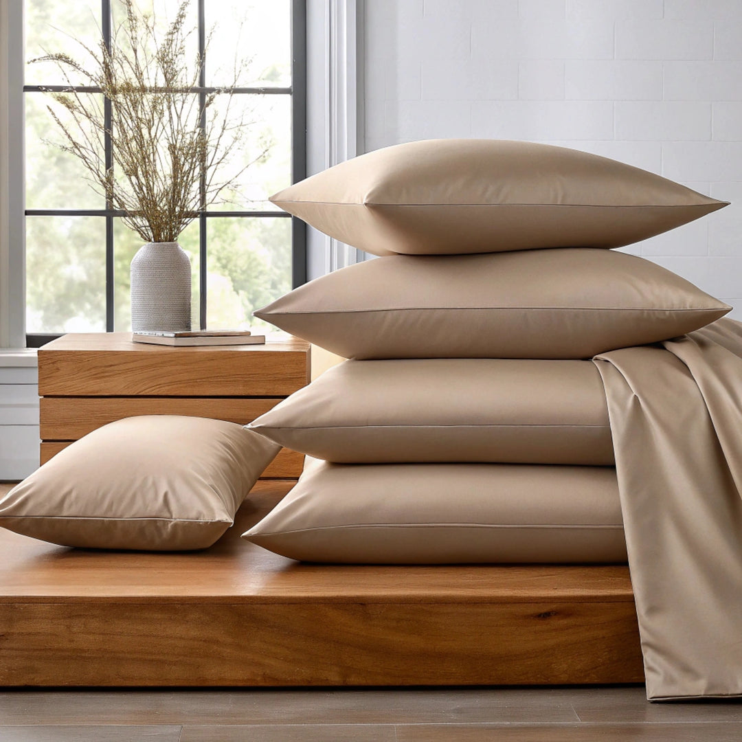 Close-up of taupe bamboo pillows in a sunlit minimalist bedroom, focusing on the smooth sateen texture and clean edge piping. The pillows are arranged in varied angles—stacked, propped, and laid flat—highlighting their plush loft and slightly rumpled, lived-in softness. Set against a wooden platform bed and loosely draped duvet, the pillows are bathed in natural light from a right-facing window, with soft shadows cast on a textured off-white wall. A round wooden side table with a ceramic vase 