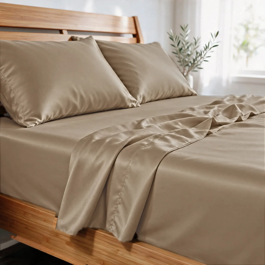 Taupe bamboo viscose sateen pillowcases close-up in morning light, showing the soft sheen