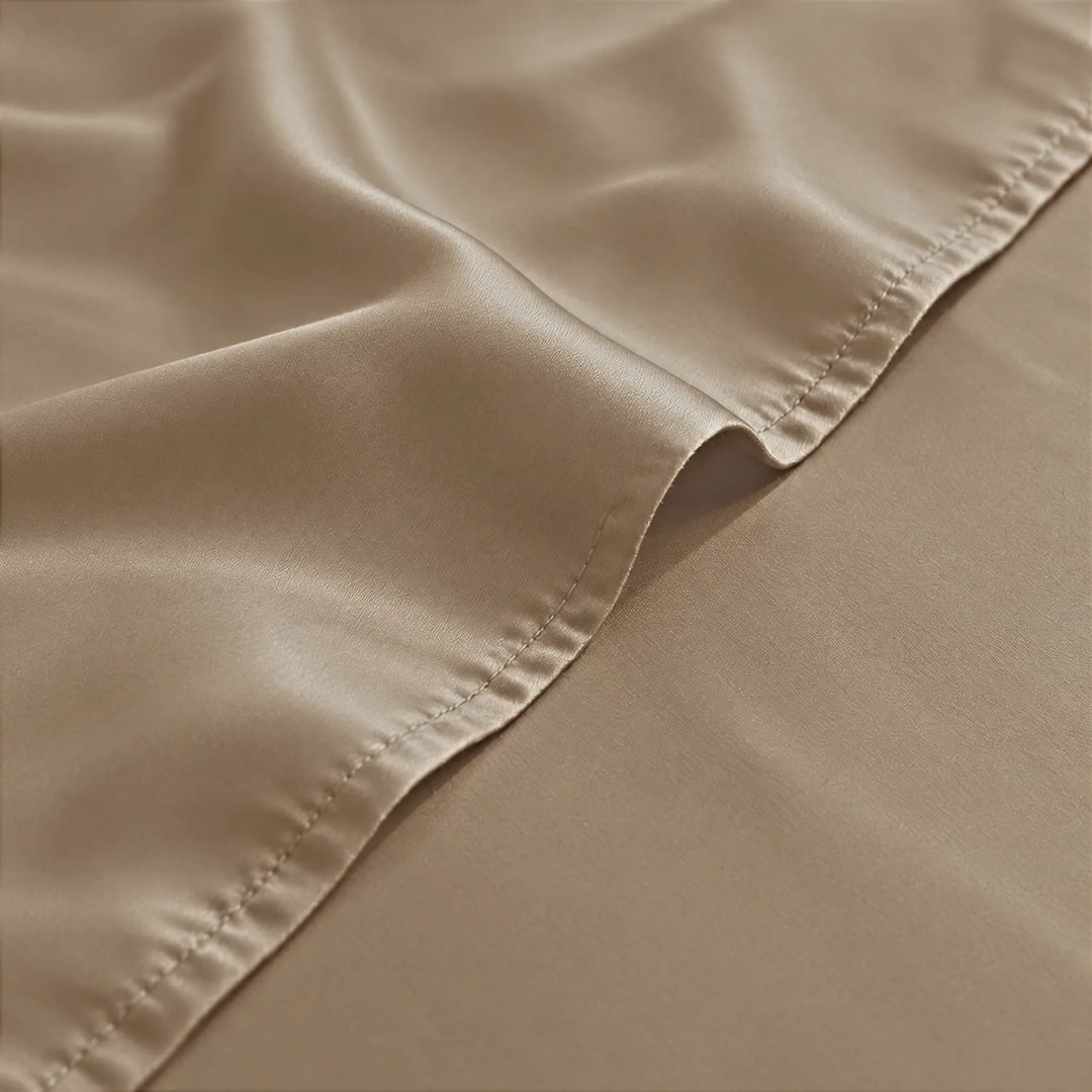 Taupe bamboo viscose sateen weave close-up with hem stitching