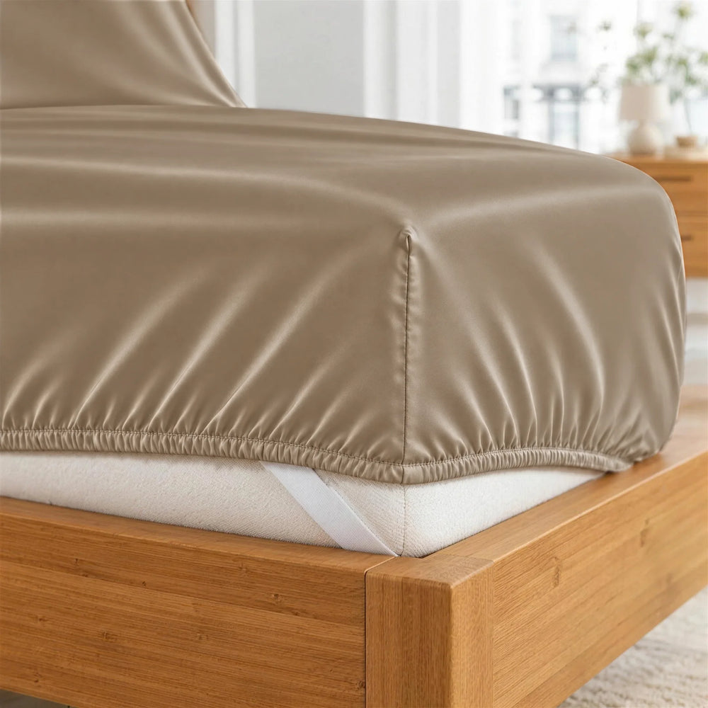 Taupe bamboo viscose fitted sheet deep-pocket corner close-up with all-around elastic and a corner strap, from the sheet set
