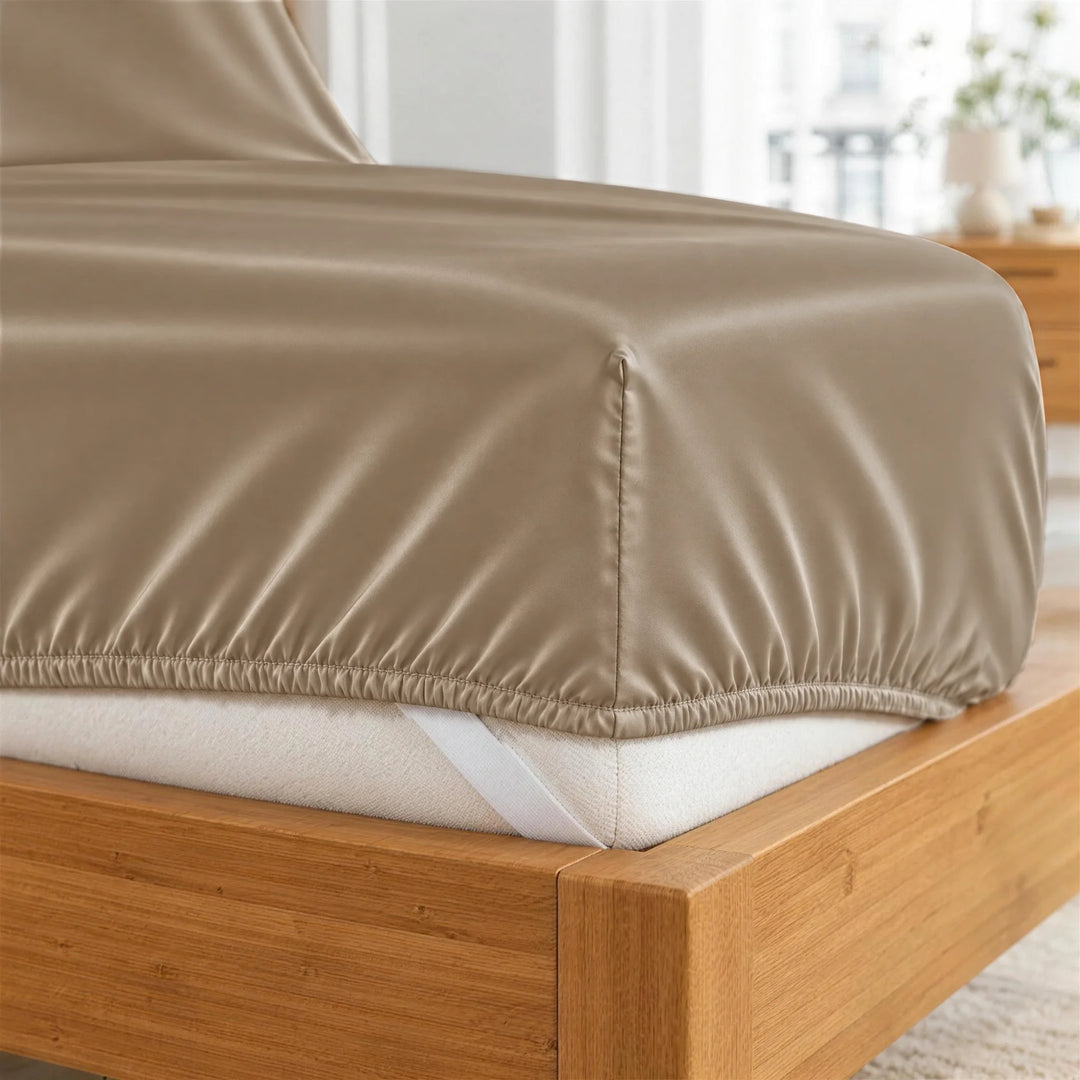 Taupe bamboo viscose fitted sheet deep-pocket corner close-up with all-around elastic and a corner strap, from the sheet set