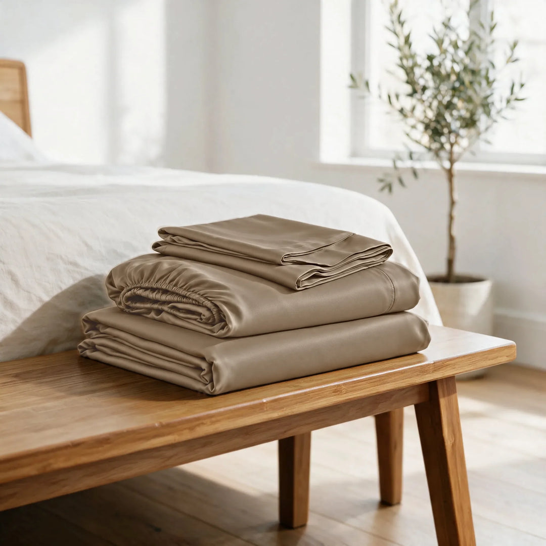 Taupe bamboo viscose sheet set folded on a bamboo bench: flat sheet, fitted sheet and pillowcases