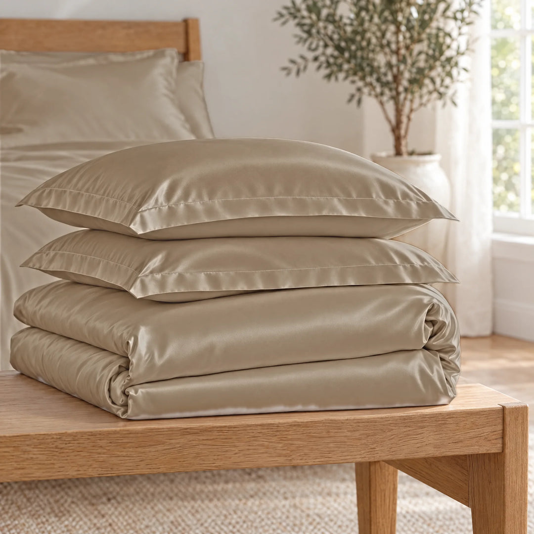 Taupe bamboo viscose Signature duvet cover and two shams, neatly folded in a stack on an oak bench