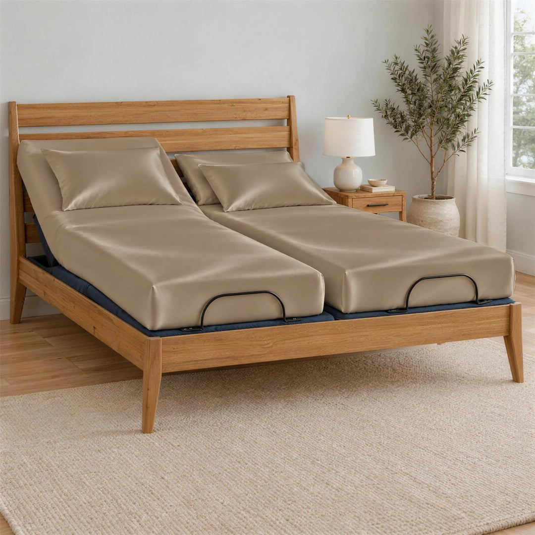 Taupe bamboo viscose Split King sheets on two separate twin XL mattresses, BT3000 Split King adjustable base in a Greenington Sienna bamboo frame