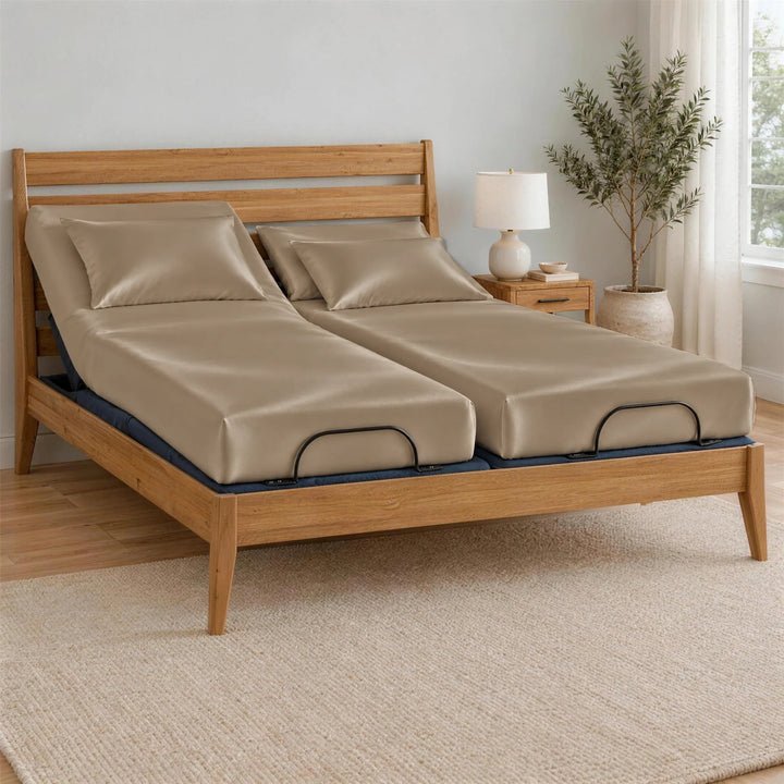 Taupe bamboo viscose Split King sheets on two separate twin XL mattresses, BT3000 Split King adjustable base in a Greenington Sienna bamboo frame
