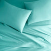 tiffany blue bamboo bed sheets with sateen weave from the Signature Collection, overhead view highlighting smooth texture and matching pillowcases