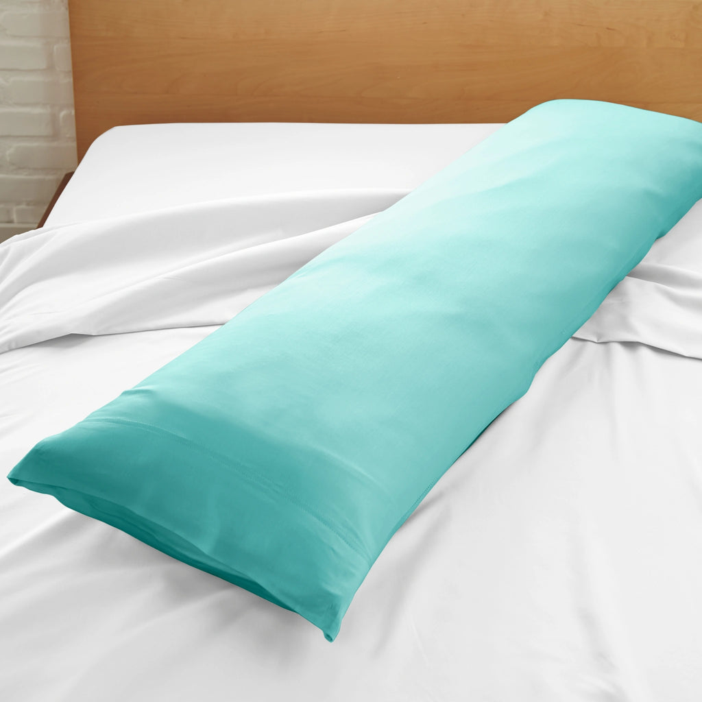 tiffany blue bamboo body pillow with sateen weave from the Signature Collection, displayed on a tiffany blue bed for contrast and texture focus