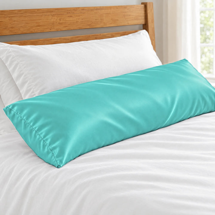 Tiffany Blue bamboo viscose sateen body pillowcase close-up on a body pillow beside a white sleeping pillow, silky sateen finish