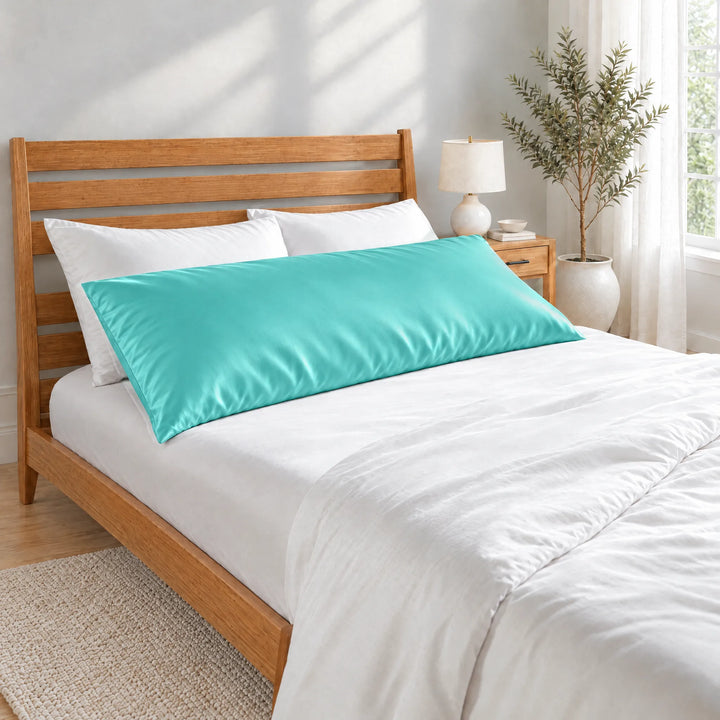 Tiffany Blue bamboo viscose sateen body pillowcase lying in front of white pillows on a made bed with a honey bamboo headboard in a bright bedroom