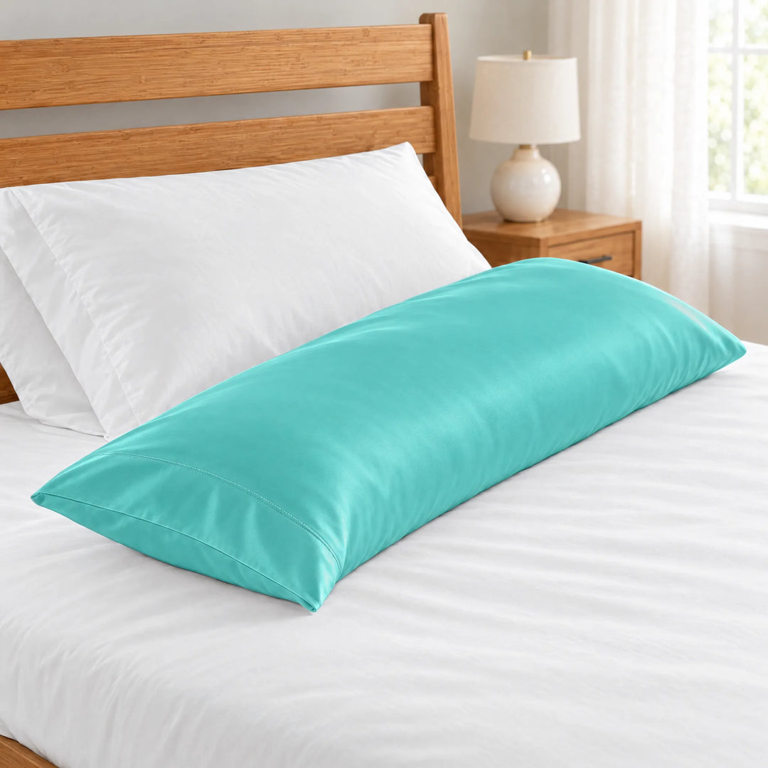 Tiffany Blue bamboo viscose sateen body pillowcase close-up of the stitched hem beside a white pillow on a made bed, honey bamboo headboard and lamp in soft focus