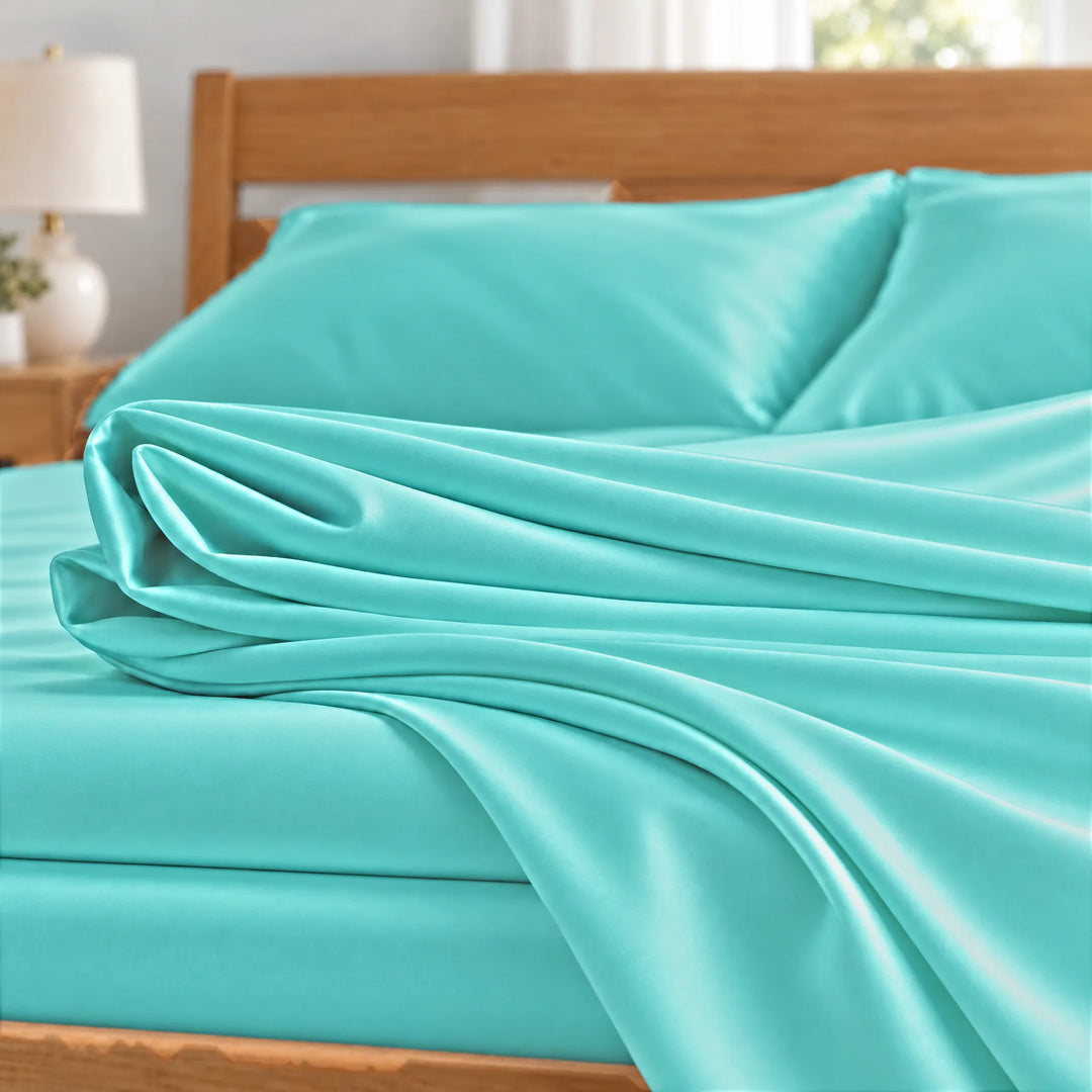 Tiffany Blue bamboo viscose sateen fabric close-up of folded sheets and a body pillowcase, silky sateen finish