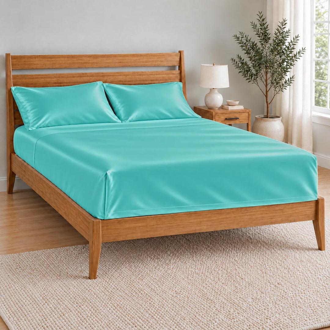 Tiffany Blue bamboo viscose flat sheet tucked with a neat hospital corner on a bamboo bed