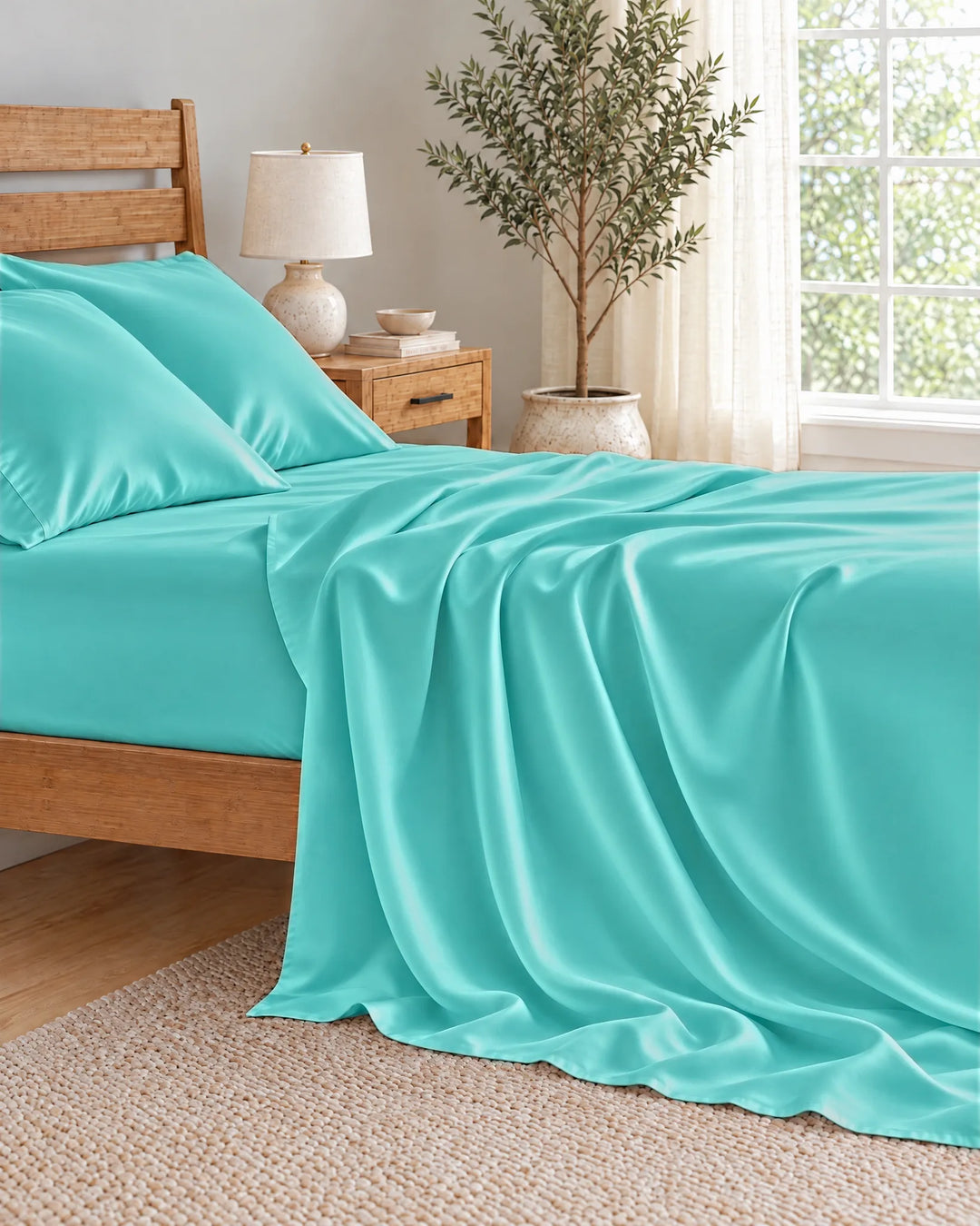 Tiffany Blue bamboo viscose flat sheet cascading in deep soft folds down the side of the mattress