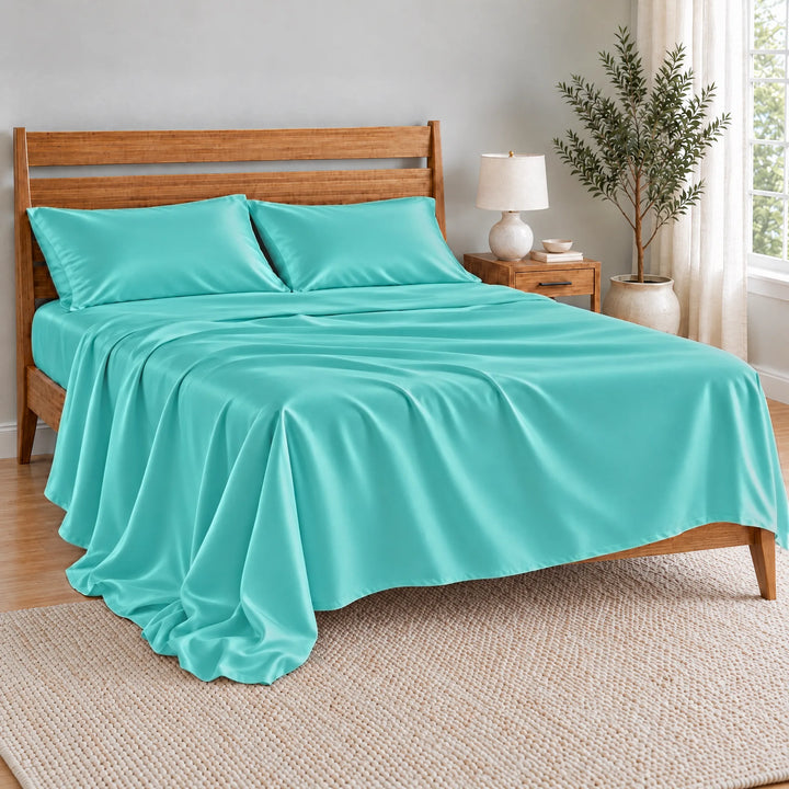 Tiffany Blue bamboo viscose flat sheet oversized and relaxed, spilling over the side of the bed in soft folds