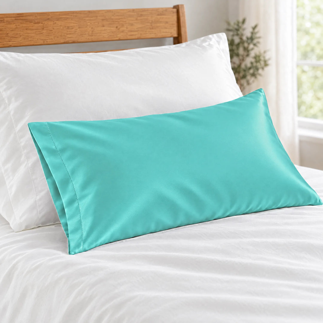 Tiffany Blue bamboo viscose sateen lumbar pillowcase close-up on white bedding showing the silky sateen finish and stitched hem
