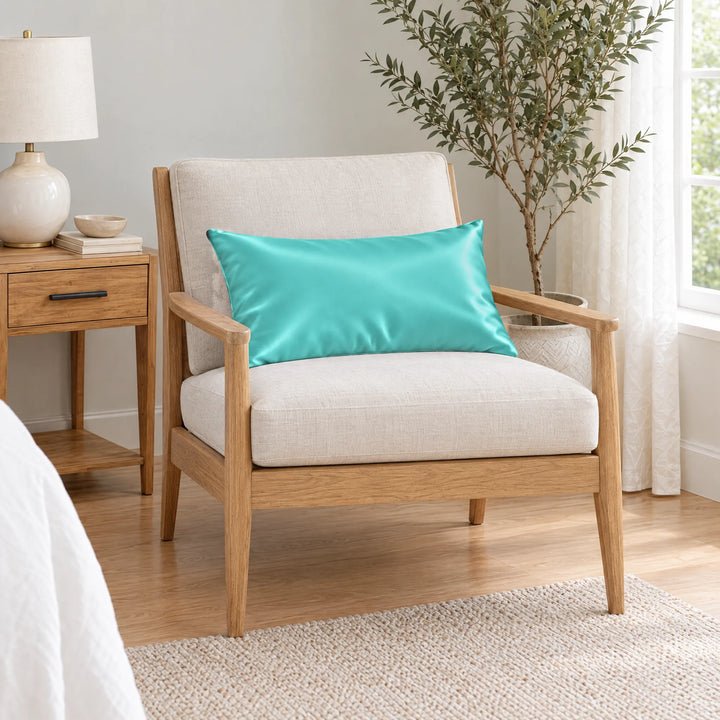 Tiffany Blue bamboo viscose sateen lumbar pillowcase on a light oak armchair beside a nightstand and olive tree